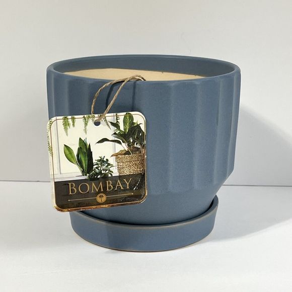 Bombay Ribbed Ceramic Planter 5.5” Drainage Hole Saucer Matte Blue Flower Pot - Picture 4 of 14